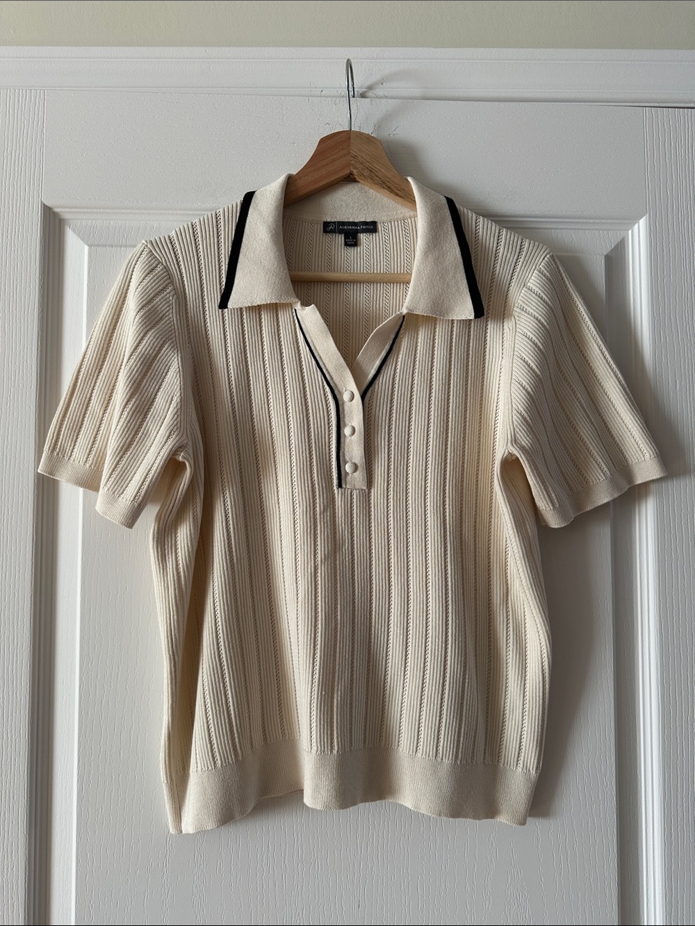 Adrianna Papell Cream Polo Top Black Trim Ribbed Knit, Size Large - Picture 2 of 8